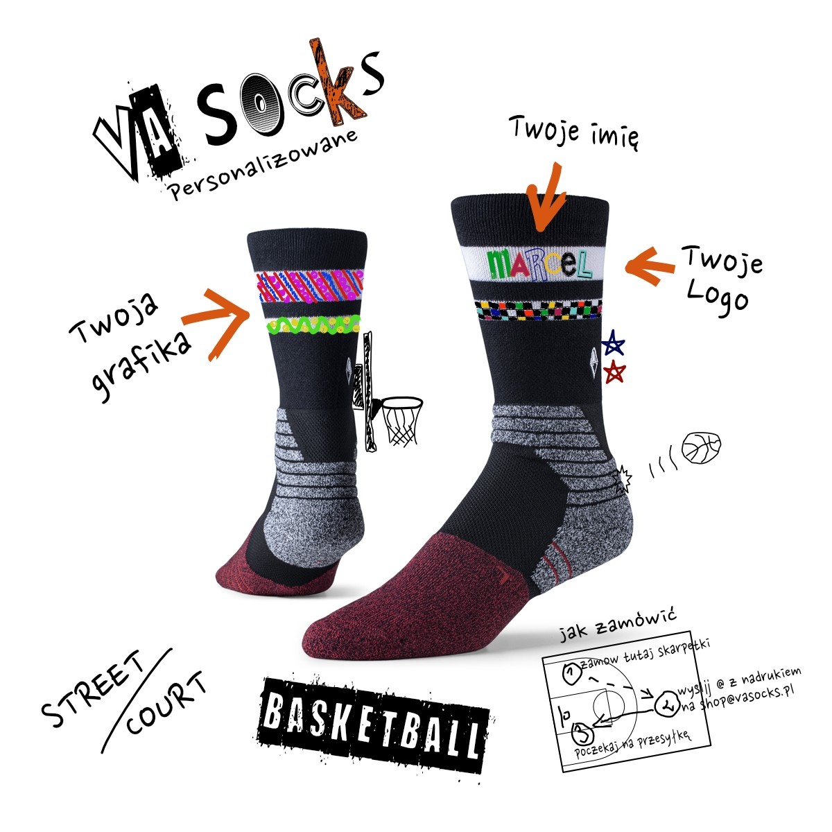 Skarpetki z własnym nadrukiem do koszykówki | VA Socks