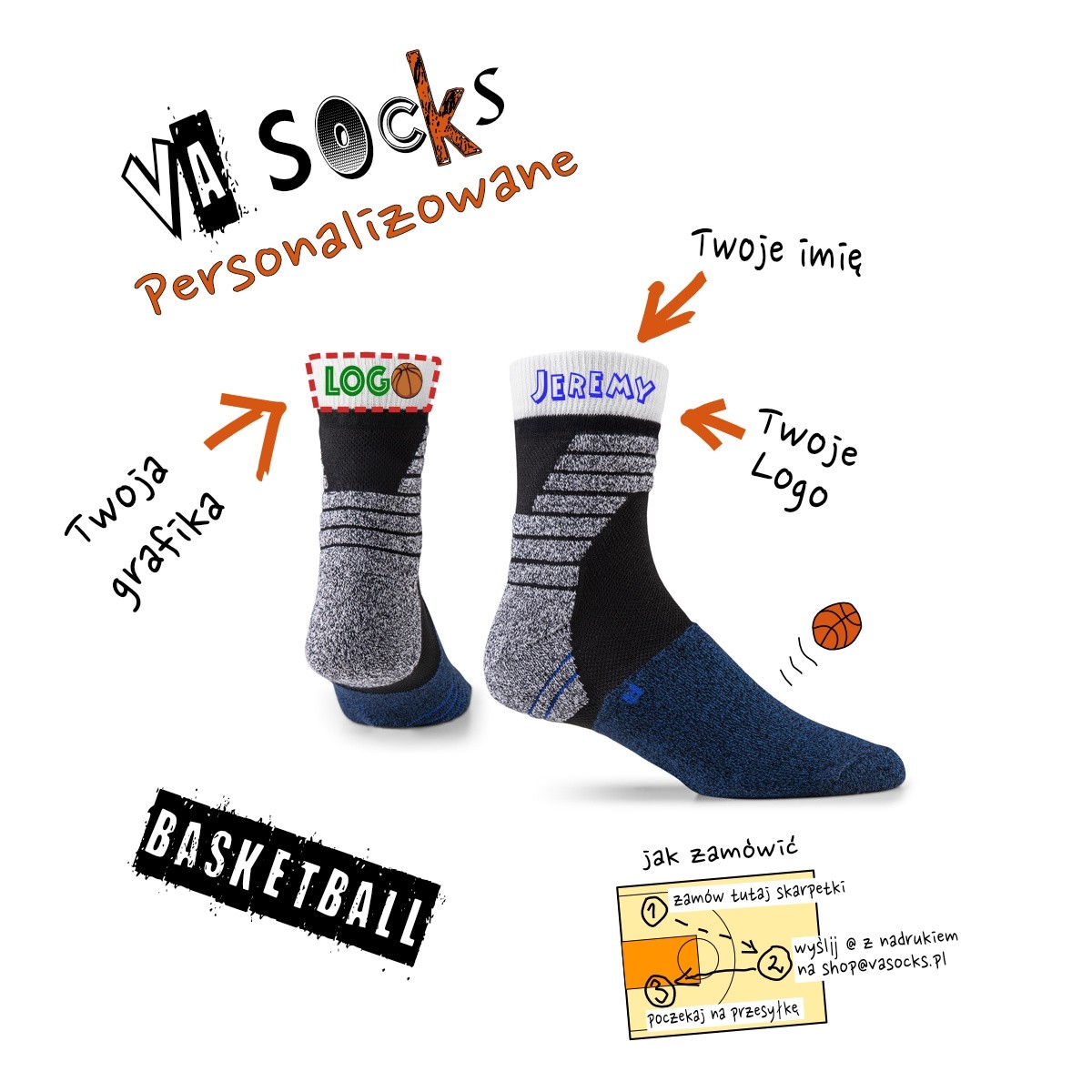 VA Socks Personalizowane skareptki do koszykówki zakostki.